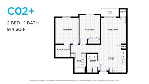 Floor plan for 2 beds, 1 bath, 899 sqft